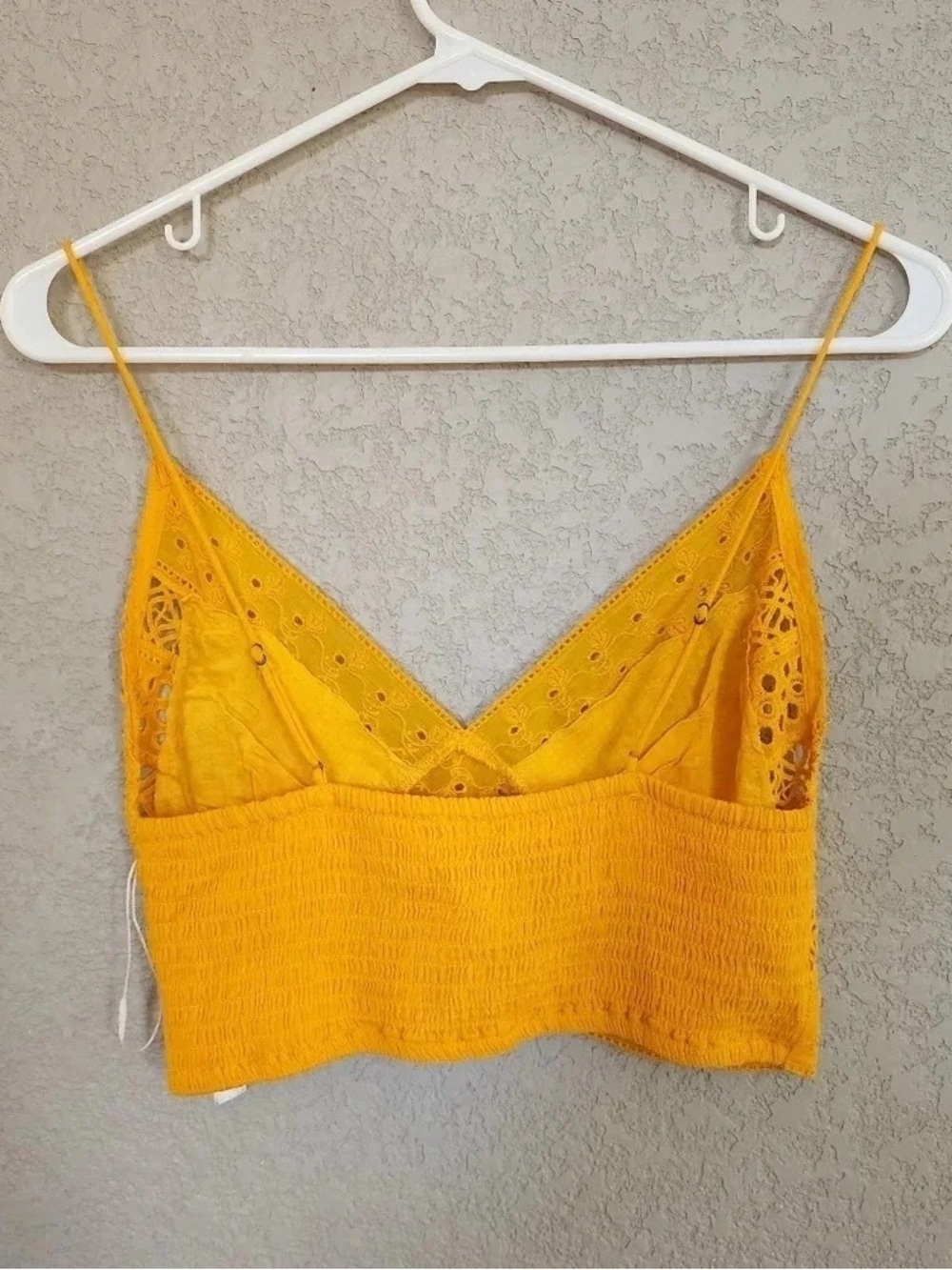 Yellow Lace-Trim Smocked Crop Cami Top - Women